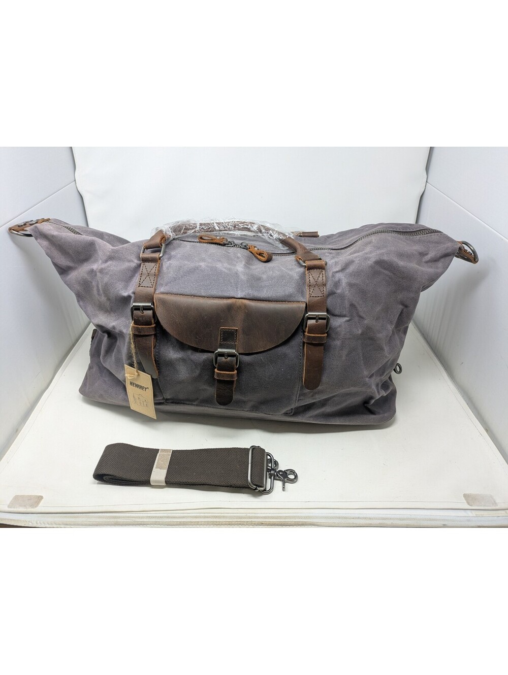 NEWHEY Waxed Canvas Duffle Bag Leather Trim Gray Travel Overnight Weekender